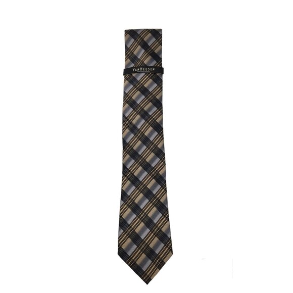 NWT Van Heusen Plaid‎ All Silk Tie Narrow 2-3/4" Wide Blue Black Beige NEW - Picture 1 of 9